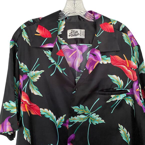 Vtg HILO HATTIES Men's Sz L XL Hawaiian Shirt Black Floral Print Short Sleeve - Picture 2 of 5